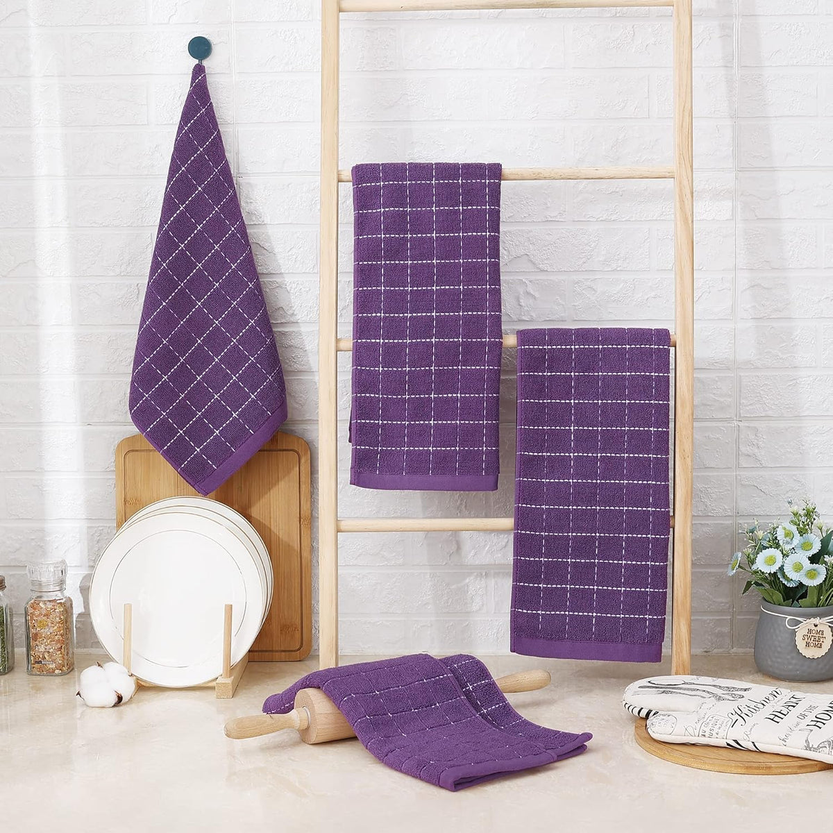 Homaxy 100% Cotton Terry Kitchen Towels(Purple, 13 x 28 inches), Checkered Designed, Soft and Super Absorbent Dish Towels, 4 Pack