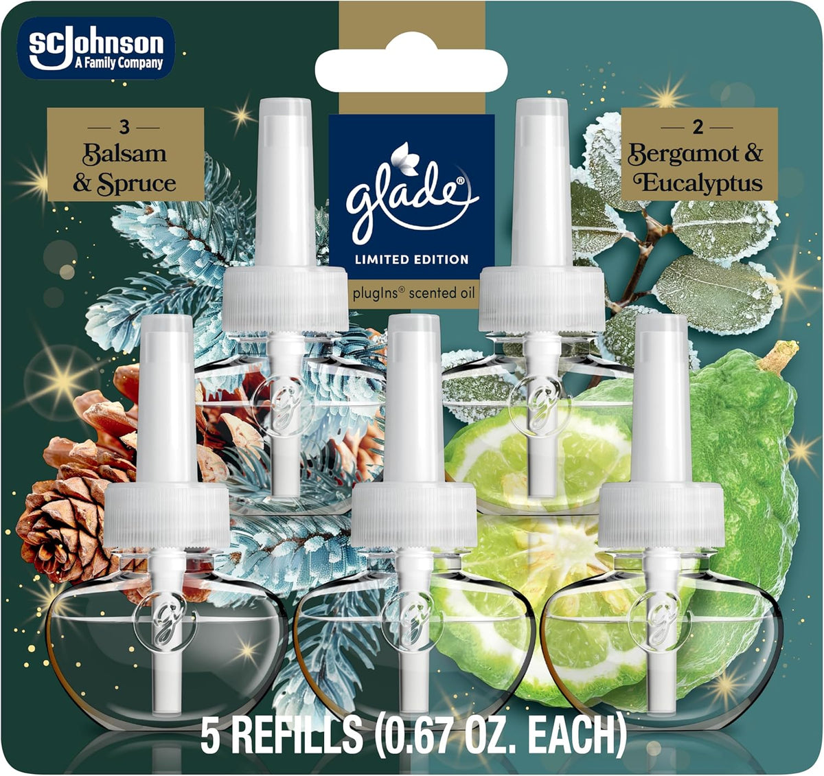 Glade PlugIns Refills Air Freshener, Balsam & Spruce and Bergamot & Eucalyptus, Scented and Essential Oils for Home and Bathroom, 0.67 Fl Oz, 5 Count