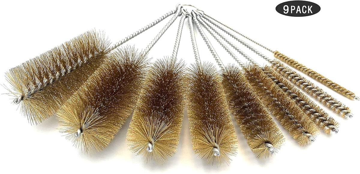 Pipe Cleaning Brush Set with Brass Bristles, 9 Piece Variety Pack for Auto Parts, Bottles,Tubes, Etc.