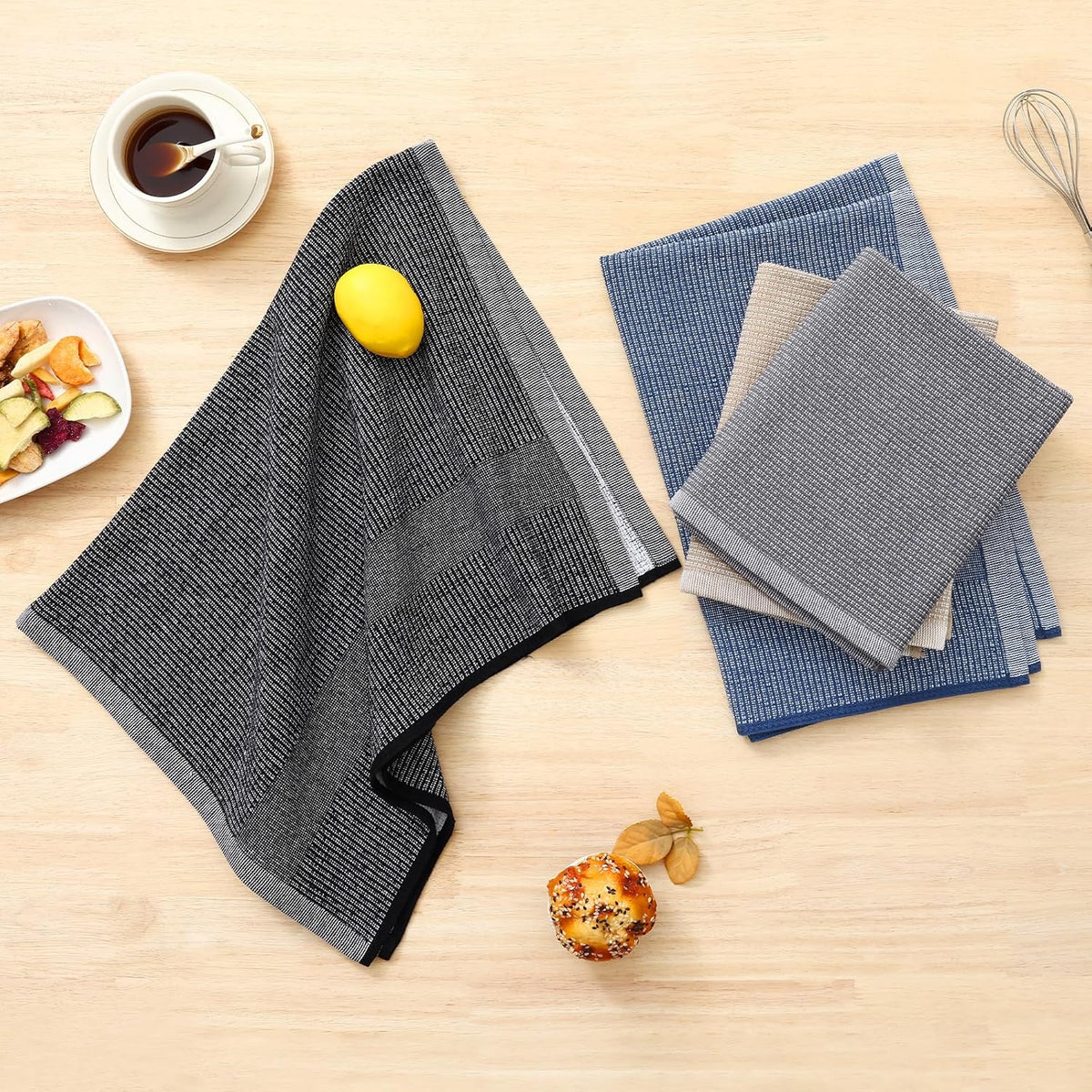 Homaxy Premium Kitchen Towels(18”x 28”, 12 Pack), Large Cotton Kitchen Hand Towels, Flat and Terry Dish Towels, 380 GSM Highly Absorbent Tea Towel Set with Hanging Loop, Grey/Khaki/Black