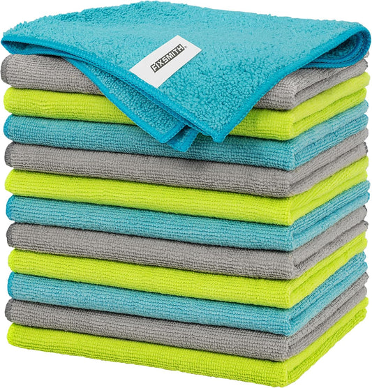 FIXSMITH Microfiber Cleaning Cloth - Pack of 12, Multi-Functional Towels, Size: 12 x 16 in, Highly Absorbent Rags, Lint-Free, Streak-Free for Car, Kitchen, Home, Office