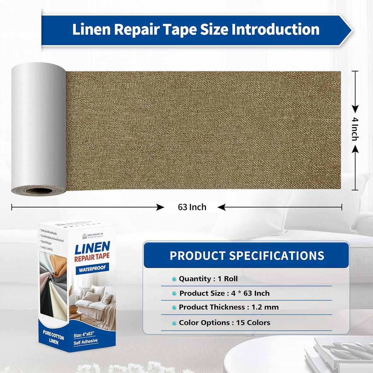 KING MOUNTAIN Linen Repair Patches, Self-Adhesive Fabric Patches, 4 X 63 inch Extra Size, Multi Color, Can be Used for Sofa Repair and Linen Clothes Repair (Brown)