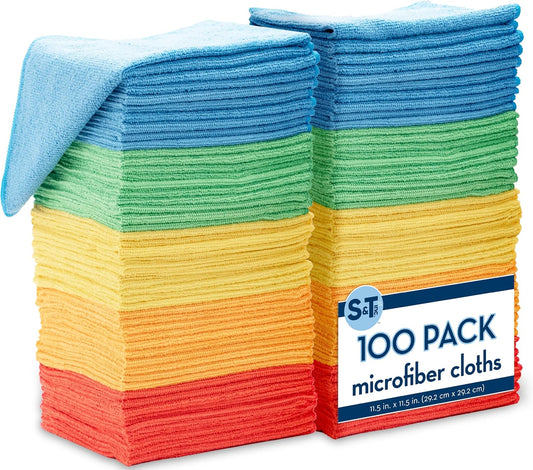 S&T INC. 100 Pack Microfiber Cleaning Cloth, Bulk Towels for Home, Reusable Microfiber Towels for Cars, Cleaning Rags, Assorted, 11.5 Inches x 11.5 Inches, 100 Count