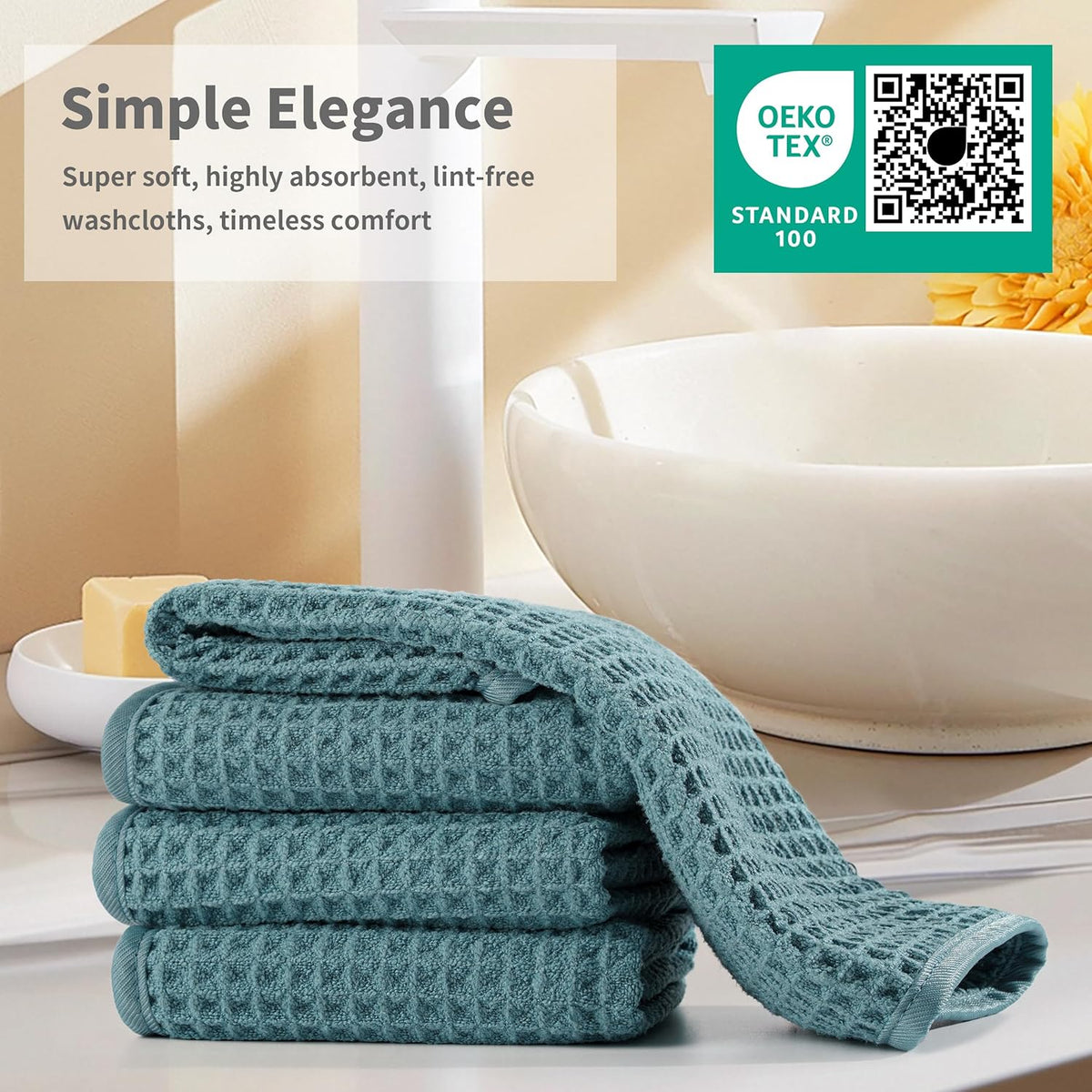 Microfiber Waffle Face Towels, 2 Pieces, Soft, Absorbent, Fast Drying, Lint Free (Green)