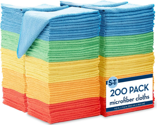 S&T INC. 200 Pack Microfiber Cleaning Cloth, Bulk Towels for Home, Reusable Microfiber Towels for Cars, Cleaning Rags, Assorted, 11.5 Inches x 11.5 Inches, 200 Count