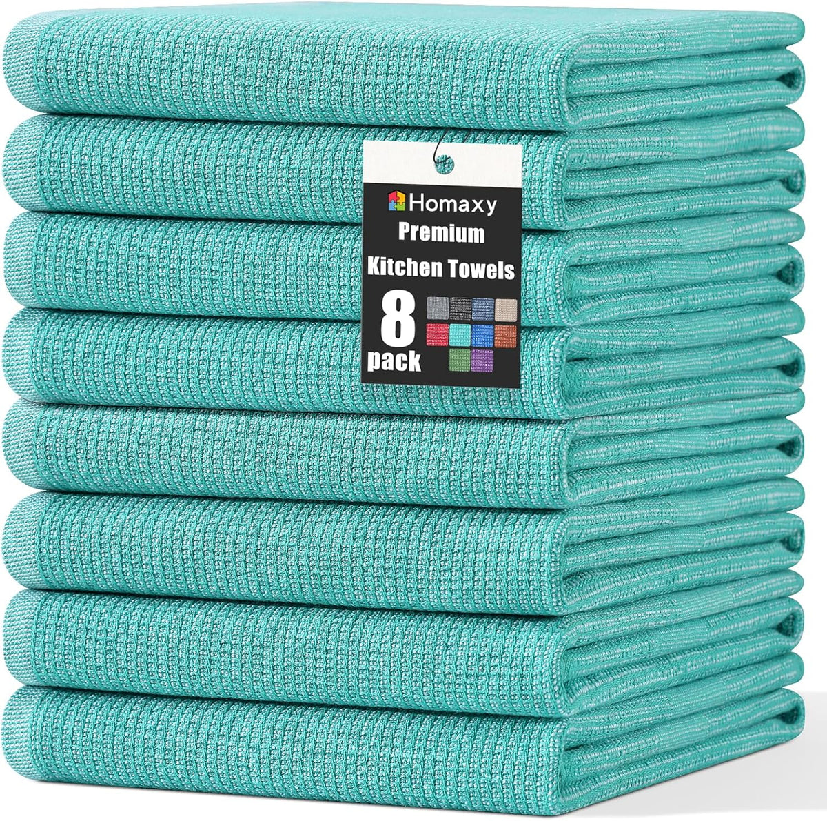 Homaxy Premium Kitchen Towels(18”x 28”, 8 Pack), Large Cotton Kitchen Hand Towels, Flat and Terry Dish Towels, 380 GSM Highly Absorbent Tea Towel Set with Hanging Loop, Teal