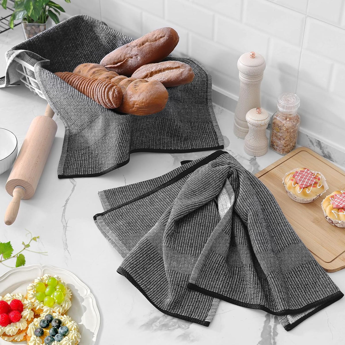 Homaxy Premium Kitchen Towels(18”x 28”, 6 Pack), Large Cotton Kitchen Hand Towels, Flat and Terry Dish Towels, 380 GSM Highly Absorbent Tea Towel Set with Hanging Loop, Navy Blue/Grey/Black