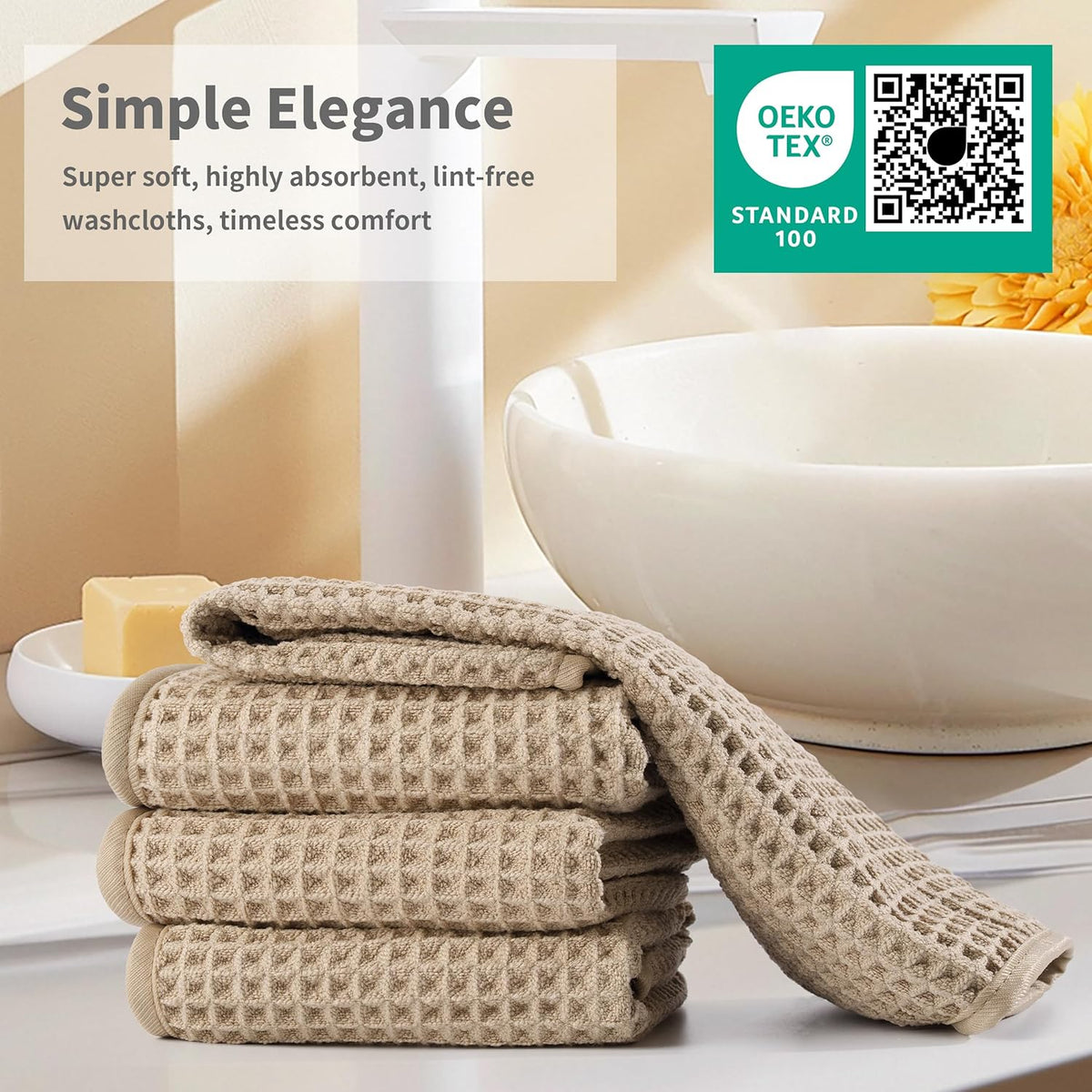 Microfiber Waffle Face Towels, 2 Pieces, Soft, Absorbent, Fast Drying, Lint Free (Beige)