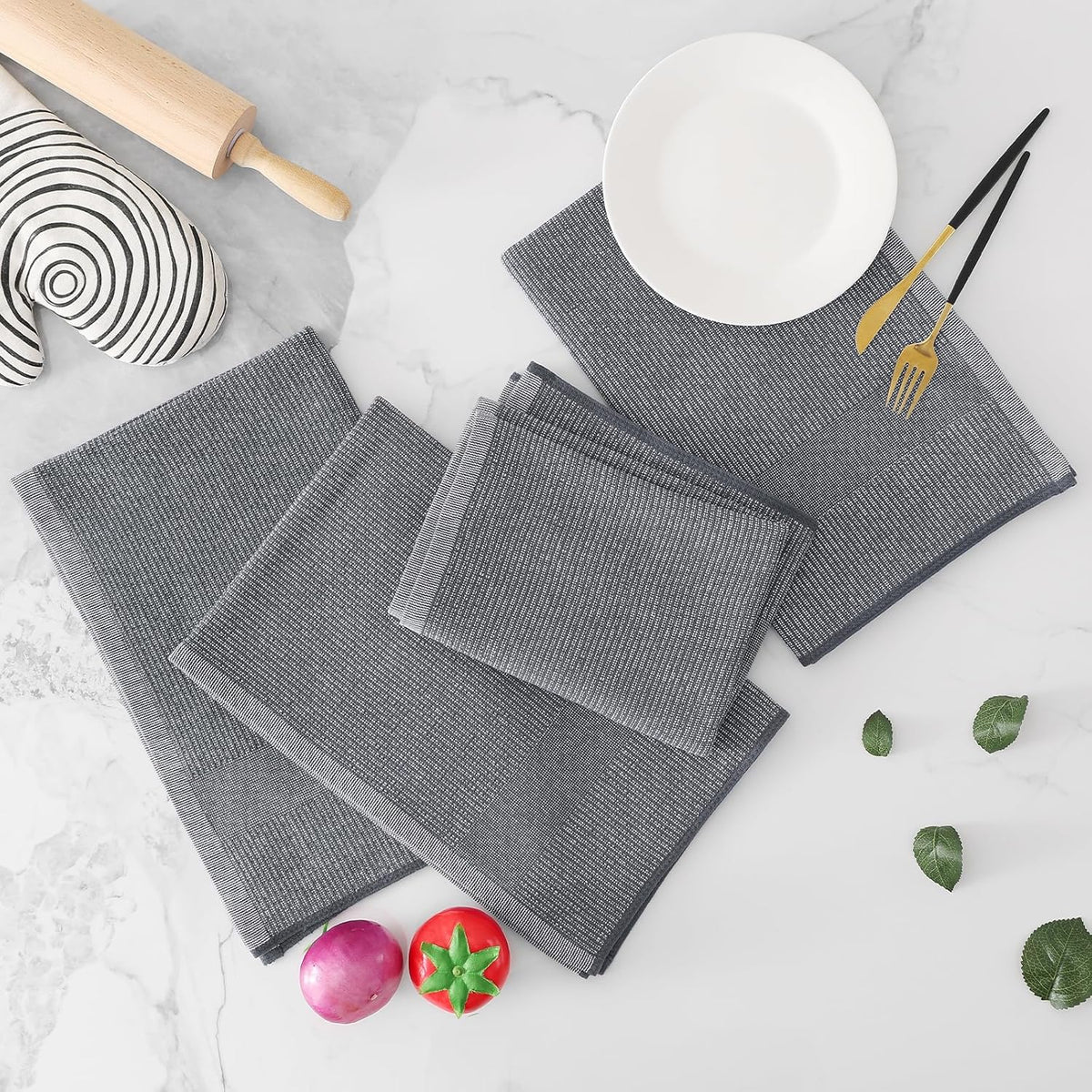 Homaxy Premium Kitchen Towels(18”x 28”, 8 Pack), Large Cotton Kitchen Hand Towels, Flat and Terry Dish Towels, 380 GSM Highly Absorbent Tea Towel Set with Hanging Loop, Grey