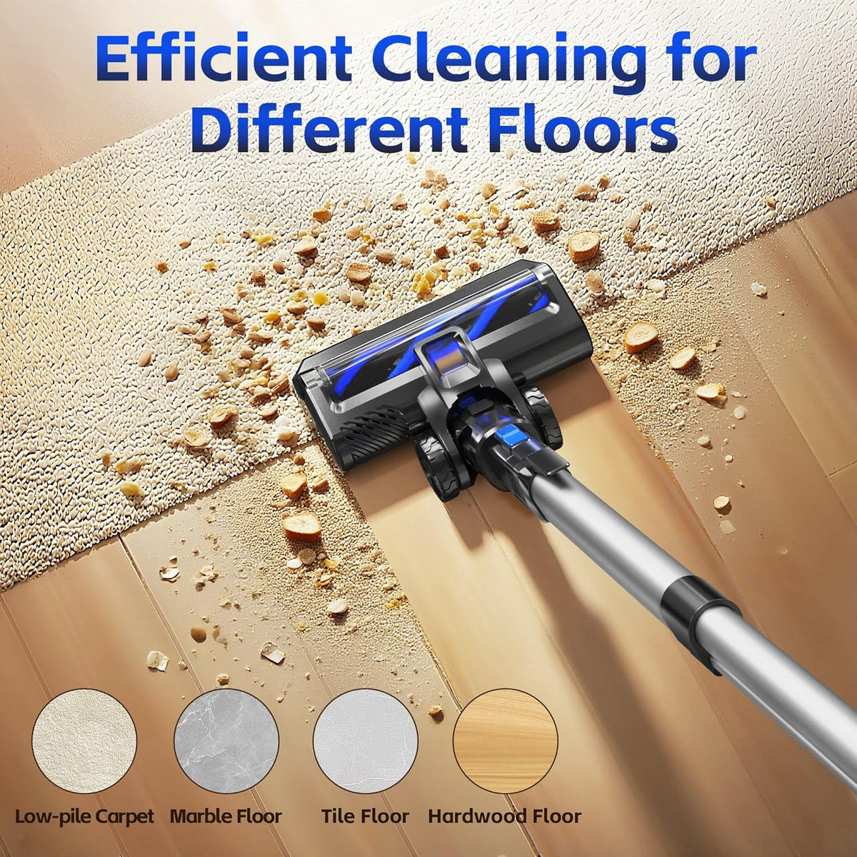 Cordless Vacuum Cleaner for Home, 45Kpa Lightweight Stick Vacuum with Powerful Suction, Rechargeable Battery Up to 50mins, Handheld Vacuum Cleaners for Carpets, Pet Hair，Hardwood Floors - Blue
