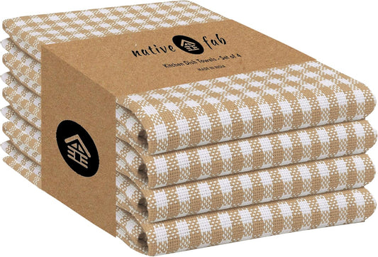 Native Fab Beige Gingham Kitchen Dish Towels 4 Pack 16"x26" - 100% Cotton Absorbent Plaid Tea Towels, Dish Cloths for Quick Drying, Reusable Dishcloth Set, Beige White