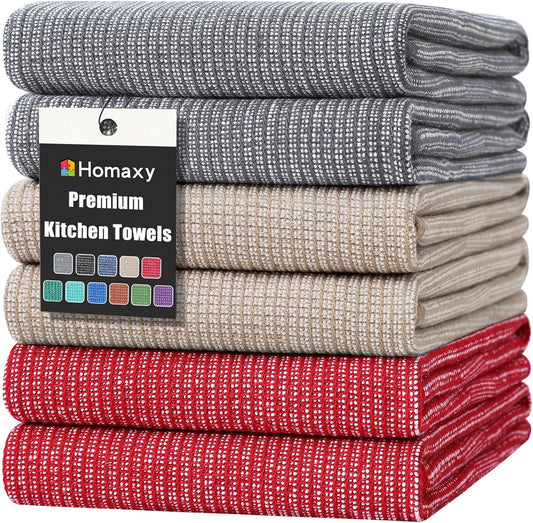 Homaxy Premium Kitchen Towels(18”x 28”, 6 Pack), Large Cotton Kitchen Hand Towels, Flat and Terry Dish Towels, 380 GSM Highly Absorbent Tea Towel Set with Hanging Loop, Red/Grey/Khaki