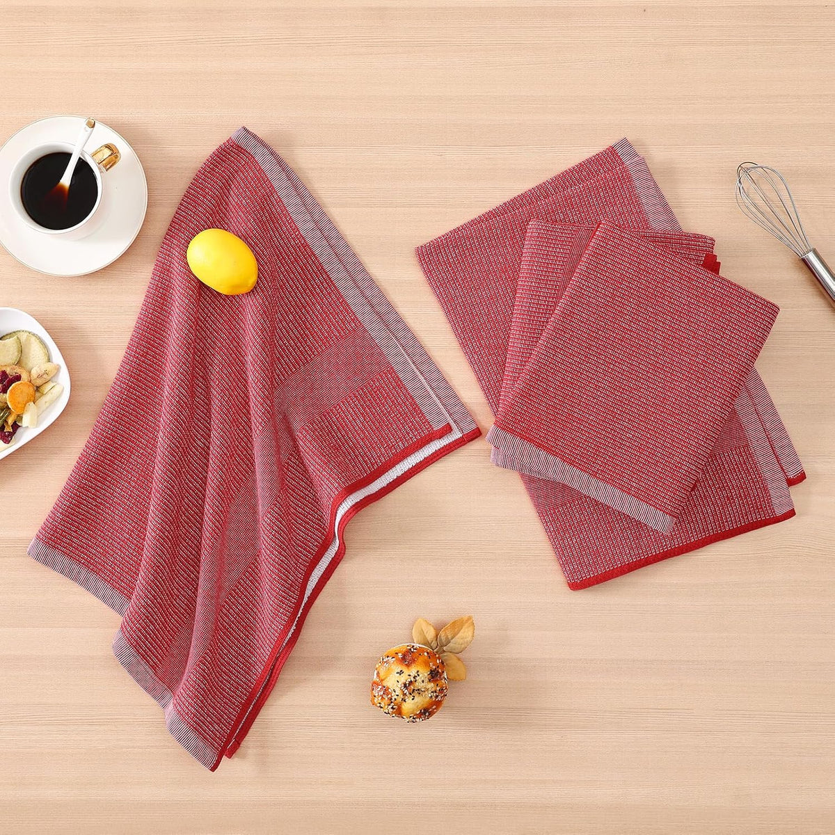 Homaxy Premium Kitchen Towels(18”x 28”, 12 Pack), Large Cotton Kitchen Hand Towels, Flat and Terry Dish Towels, 380 GSM Highly Absorbent Tea Towel Set with Hanging Loop, Red