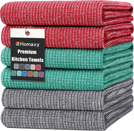 Homaxy Premium Kitchen Towels(18”x 28”, 6 Pack), Large Cotton Kitchen Hand Towels, Flat and Terry Dish Towels, 380 GSM Highly Absorbent Tea Towel Set with Hanging Loop, Grey/Red/Green