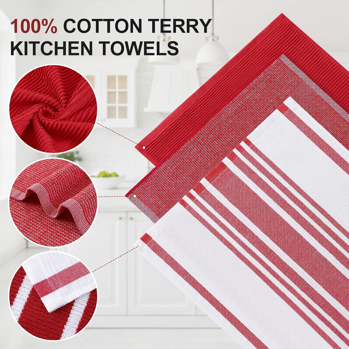 Homaxy Premium Kitchen Towels(18”x 28”, 12 Pack), Large Cotton 380 GSM Kitchen Hand Towels, Soft and Absorbent Terry Dish Towels, Multipurpose Tea Towel Set with Hanging Loop, Red