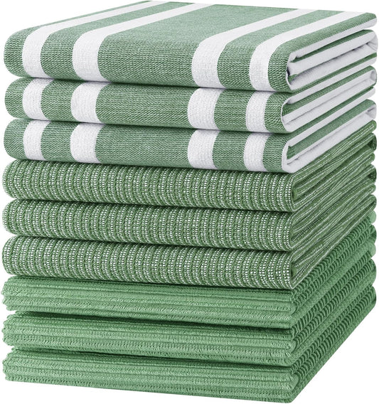 Homaxy Premium Kitchen Towels(18”x 28”, 9 Pack), Large Cotton 380 GSM Kitchen Hand Towels, Soft and Absorbent Terry Dish Towels, Multipurpose Tea Towel Set with Hanging Loop, Grass Green
