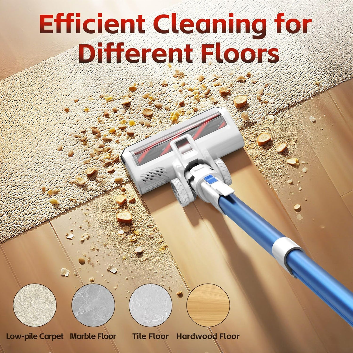 Cordless Vacuum Cleaner for Home, 45Kpa Lightweight Stick Vacuum with Powerful Suction, Rechargeable Battery Up to 50mins, Handheld Vacuum Cleaners for Hardwood Floors, Carpets, Pet Hair - Red