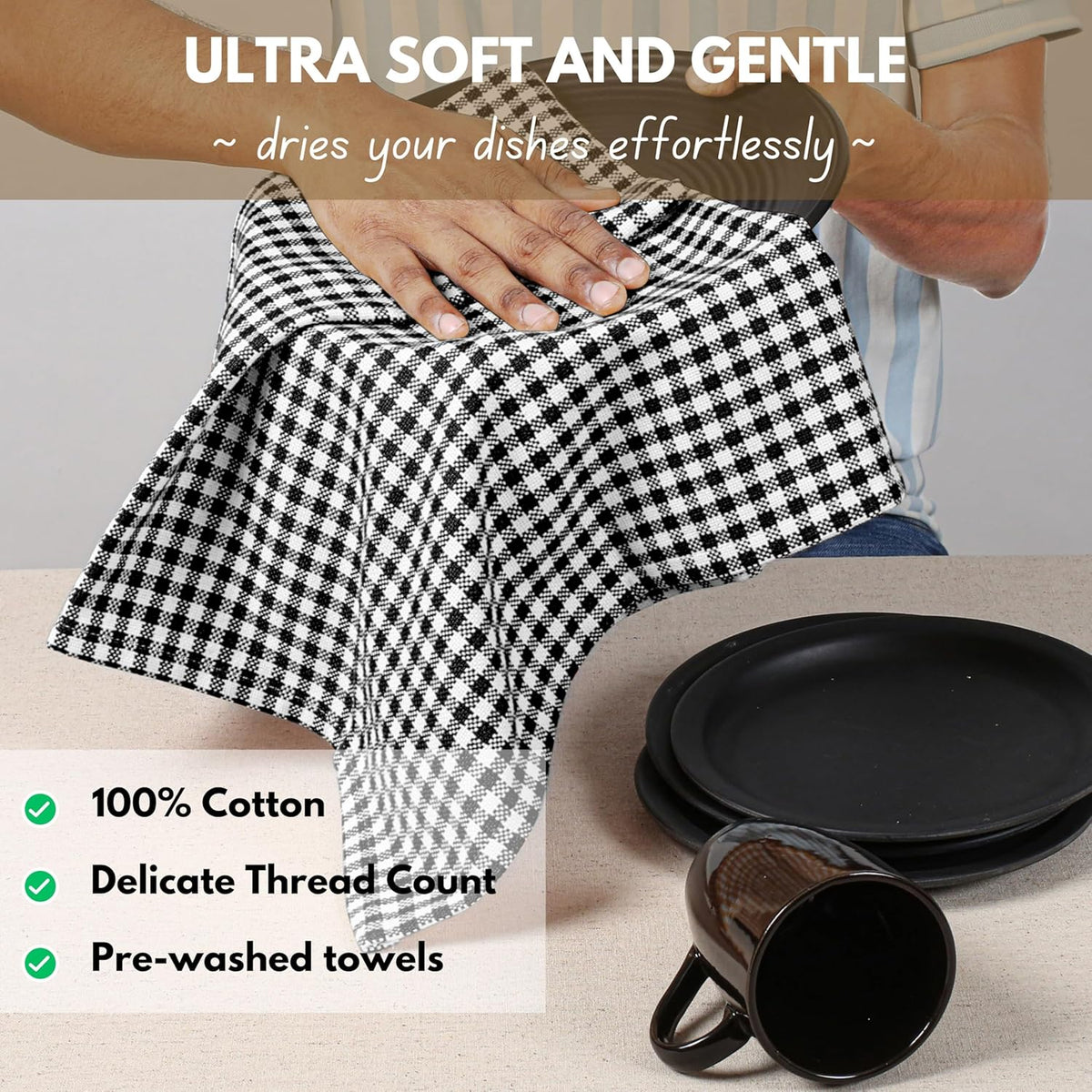 Native Fab Black Gingham Dish Towels 16"x26" Set of 12 - Cotton Mini Check Plaid Towels, Soft Absorbent Dishcloths with Hanging Loop, Kitchen Towel for Quick Drying - Black White