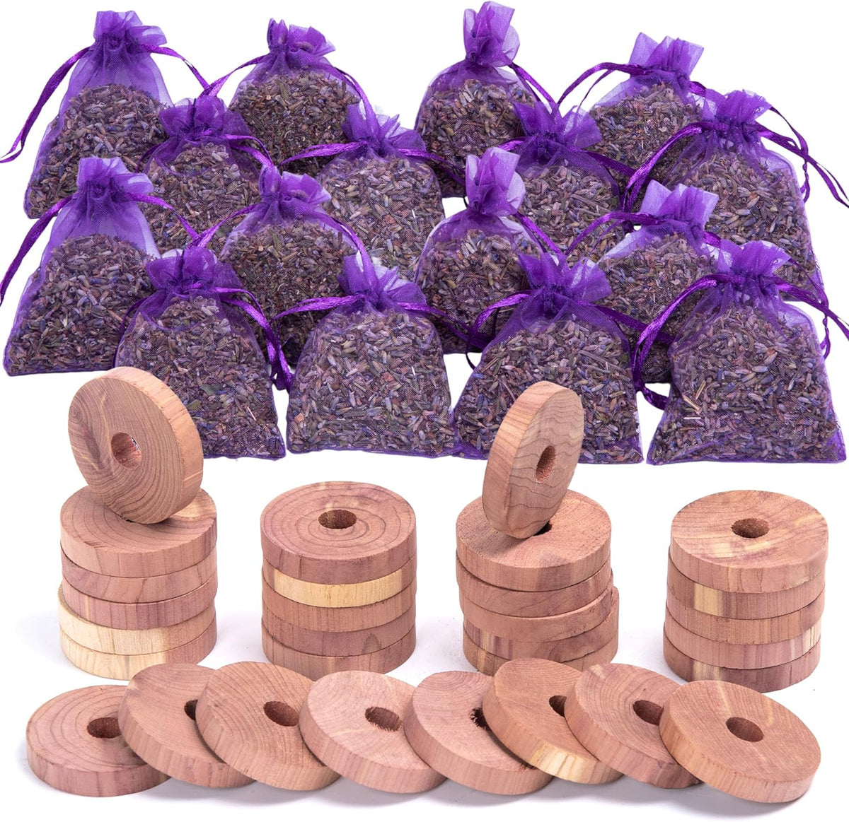 Pack of 30 Cedar Blocks and 16 Lavender Flower Sachets Craft Bag, Drawer Freshener, Linen, Shower Favor, Wedding and More, LV-E-LC-2
