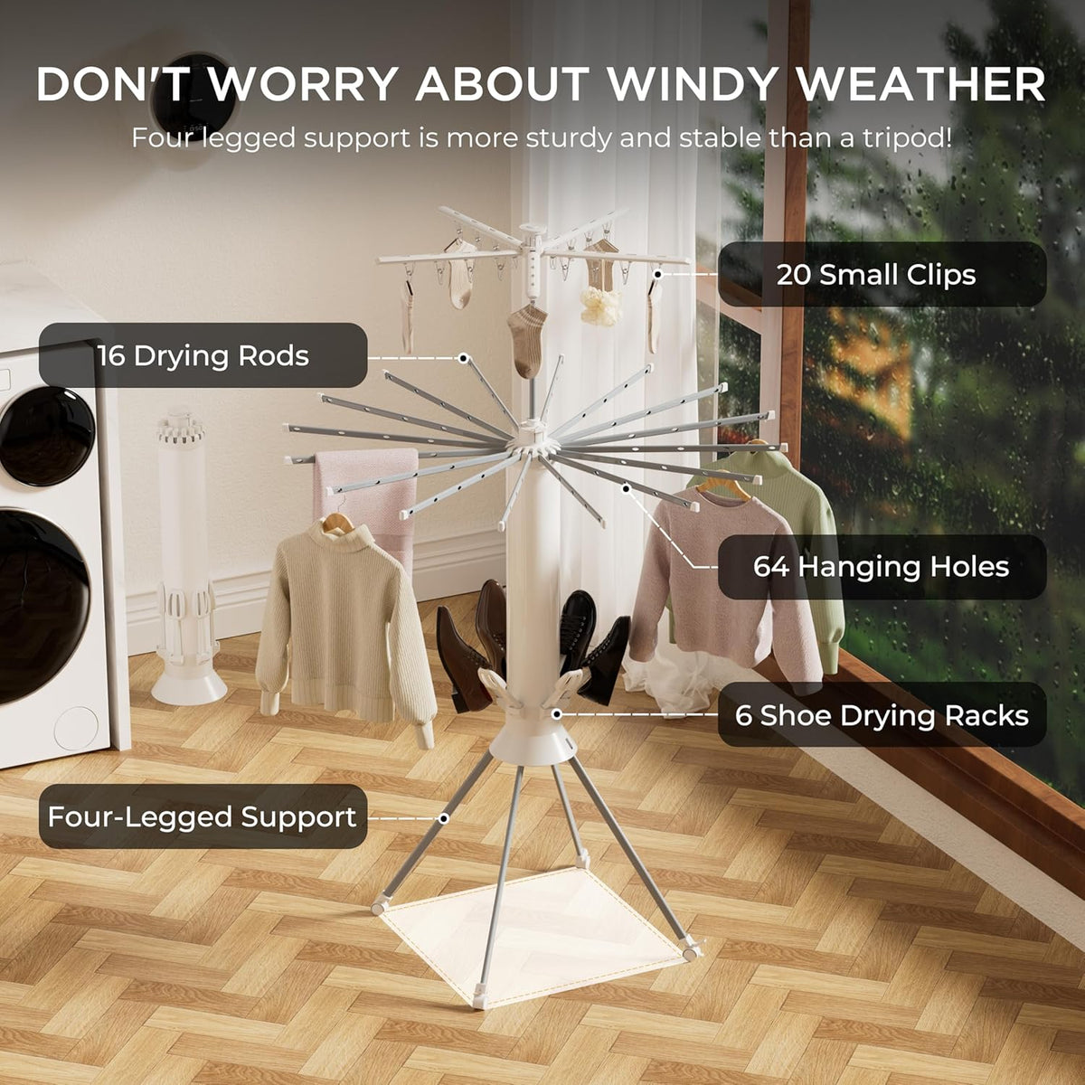 Clothes Drying Rack, 4-Legged Portable Drying Rack Clothing with 20 Clips, Shoe Dryer Rack, Outdoor Foldable Laundry Drying Racks with 4 Pulleys, Aluminum Hanging Dry Rack