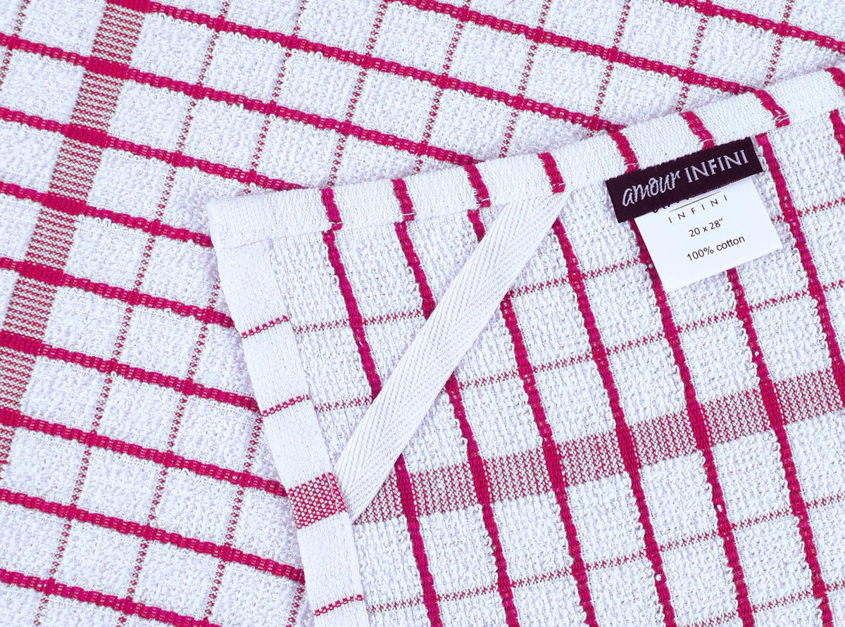 AMOUR INFINI Kitchen Towels Set of 4 - Highly Absorbent, Super Soft Terry Cotton 20x28 Inch Dish Towels with Hanging Loop - Hand & Tea Towels for Cleaning & Drying Dishes (Pink)