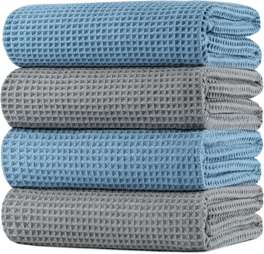 POLYTE Microfiber Oversize Quick Dry Lint Free Bath Towel, 60 x 30 in, 4 Pack (Waffle Weave)