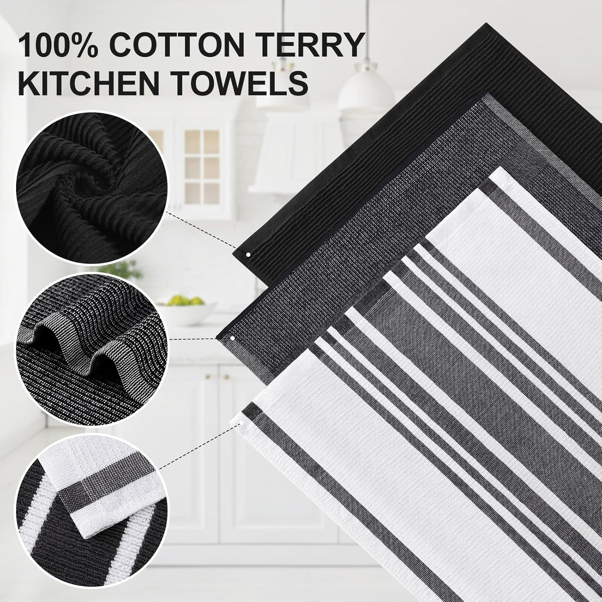 Homaxy Premium Kitchen Towels(18”x 28”, 12 Pack), Large Cotton 380 GSM Kitchen Hand Towels, Soft and Absorbent Terry Dish Towels, Multipurpose Tea Towel Set with Hanging Loop, Black