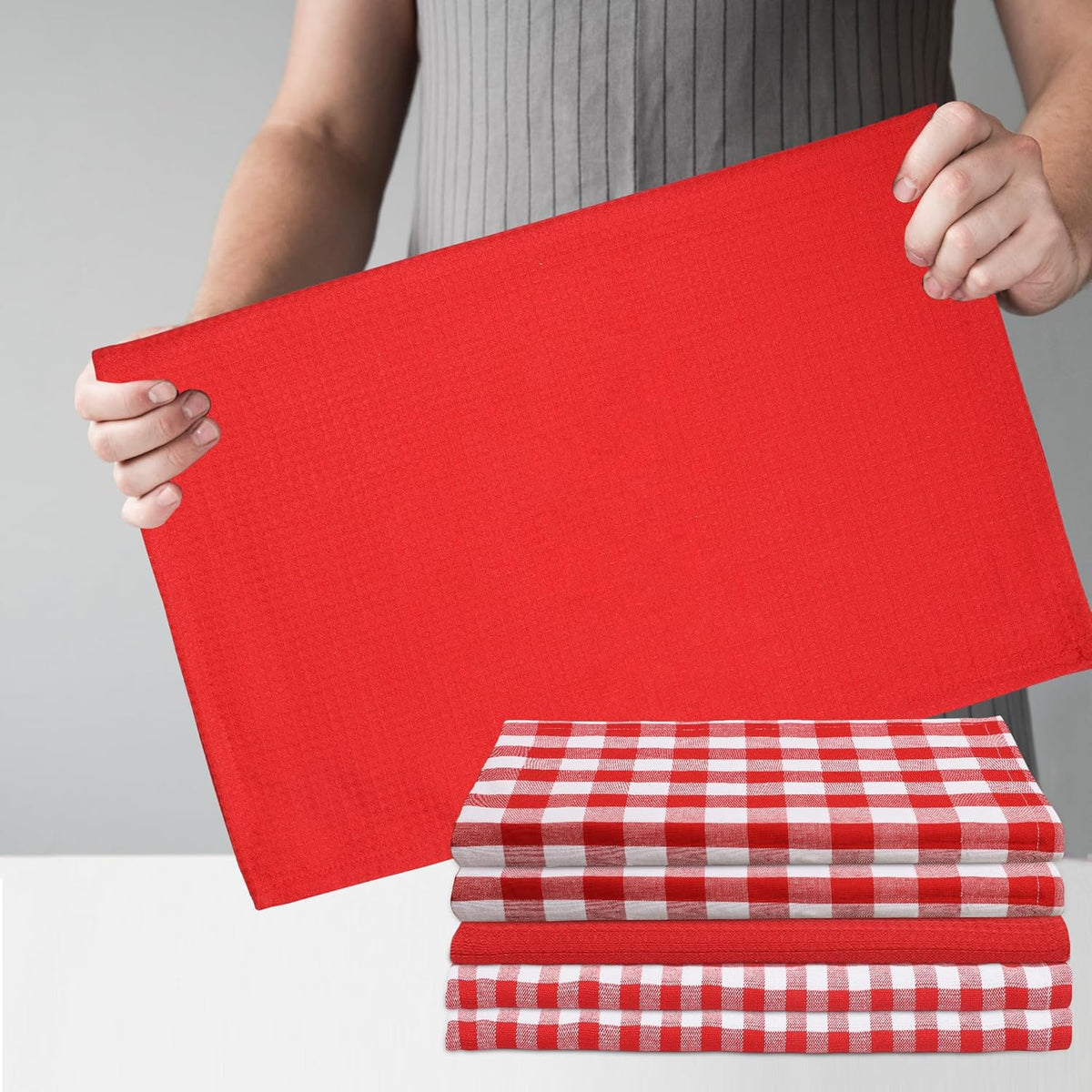 Kitchen Towels Set of 6 Soft Premium Cotton Highly Absorbent Dish Towels 18x28 Inches, Washable & Reusable Tea Towel, Quick Drying Dish Cloths with Hanging Loop - Red/White, Checks