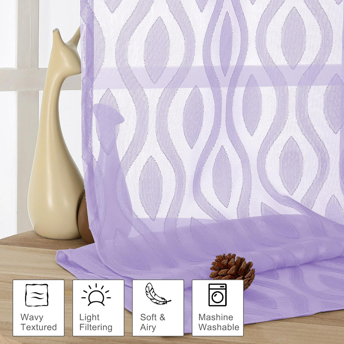 Aiyufeng Lavender Sheer Curtains Tiers 36 Inch Length, Light Filtering Soft Airy Wavy Line Jacquard Textured Short Curtain for Bedroom Bathroom Basement, Dual Rod Pocket, 2 Panels, 40" Wx36 L Inch