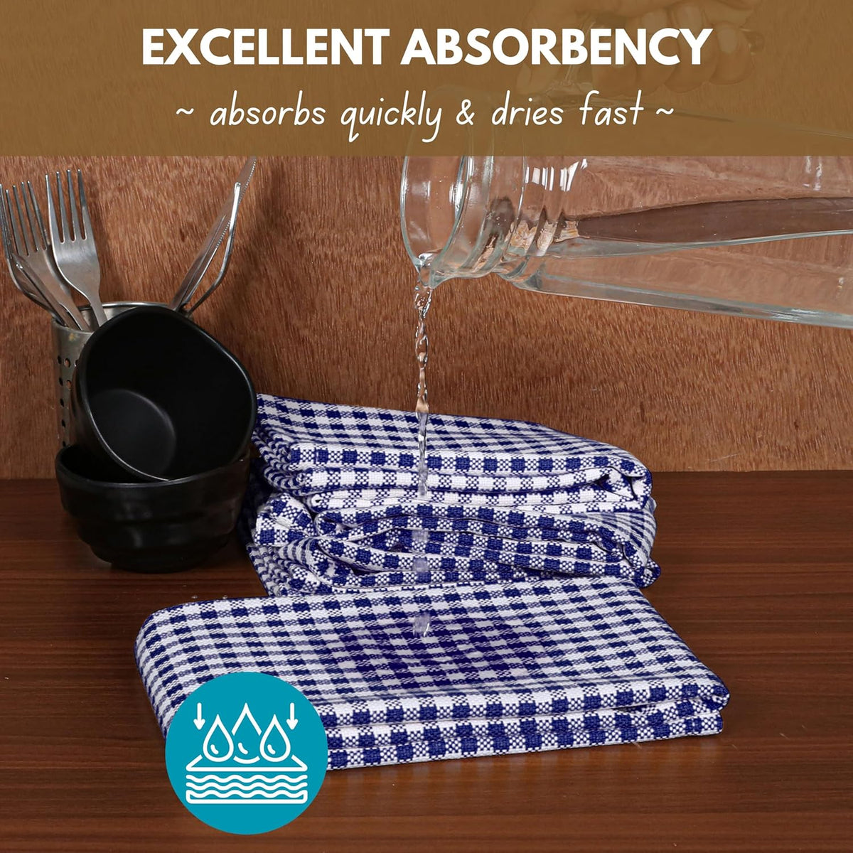 Native Fab 6 Pack Gingham Mini Check Kitchen Hand Towels Set 16"x26" - 100% Cotton Absorbent Reusable Wash Cloths - Quick Drying Dish Towels with Hanging Loops for Kitchen, Blue White