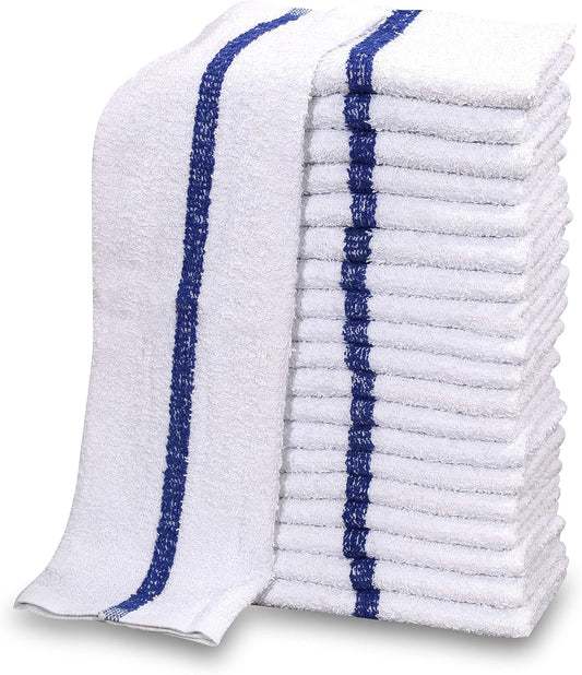 GOLD TEXTILES 60 PC New Cotton Blend White Restaurant Bar Mops Kitchen Towels 28oz (5 Dozen) (60, Blue Stripe)