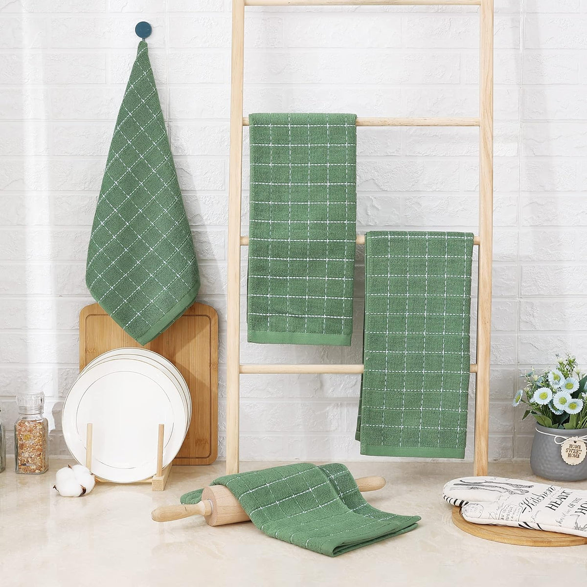 Homaxy 100% Cotton Terry Kitchen Towels(Grass Green, 13 x 28 inches), Checkered Designed, Soft and Super Absorbent Dish Towels, 8 Pack