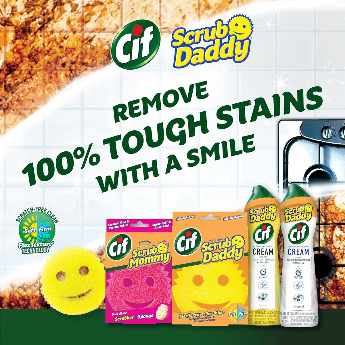 Scrub Daddy Cif Cream All Purpose Cleaner, Lemon - Multi Surface Household Cleaning Cream for Glass, Chrome, Granite, Sink, Gold, Marble & Countertops - 3 Pack (16.9 Oz Each)