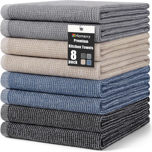 Homaxy Premium Kitchen Towels(18”x 28”, 8 Pack), Large Cotton Kitchen Hand Towels, Flat and Terry Dish Towels, 380 GSM Highly Absorbent Tea Towel Set with Hanging Loop, Mixed Color