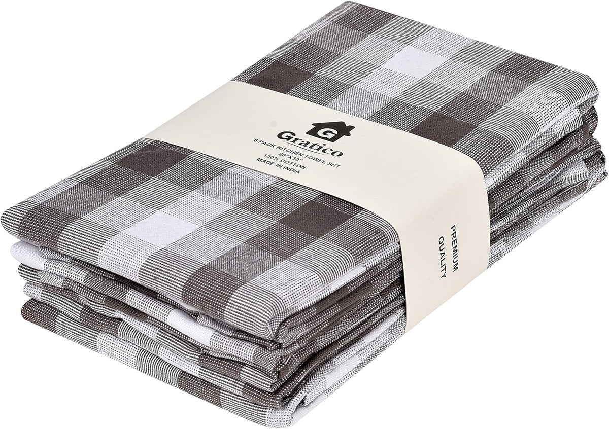 Kitchen Towels Set of 6 Soft Premium Cotton Highly Absorbent Dish Towels 20X30 Inches, Washable & Reusable Tea Towel, Quick Drying Dish Cloths for Cleaning Dishes - Gray/White, Checks