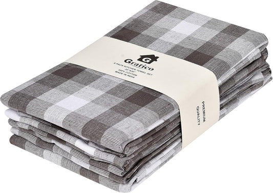 Kitchen Towels Set of 6 Soft Premium Cotton Highly Absorbent Dish Towels 20X30 Inches, Washable & Reusable Tea Towel, Quick Drying Dish Cloths for Cleaning Dishes - Gray/White, Checks