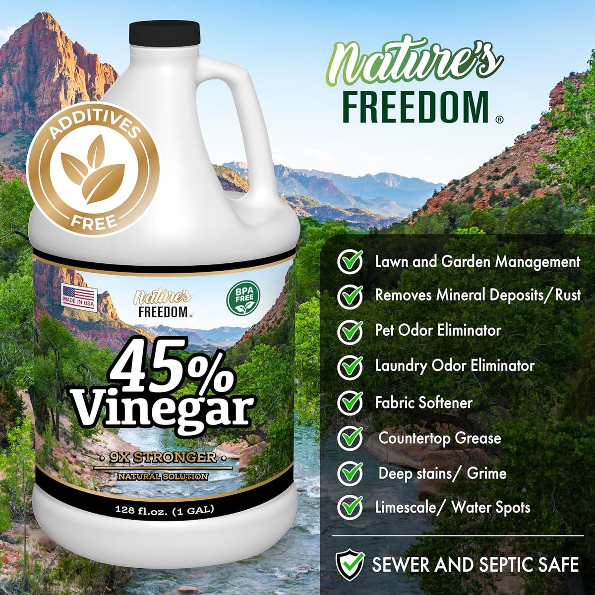 Nature's Freedom 45% Concentrated Vinegar, 4 Gallons - Dilutes to 36 Gallons - 9x Strength Multi-Purpose Solution