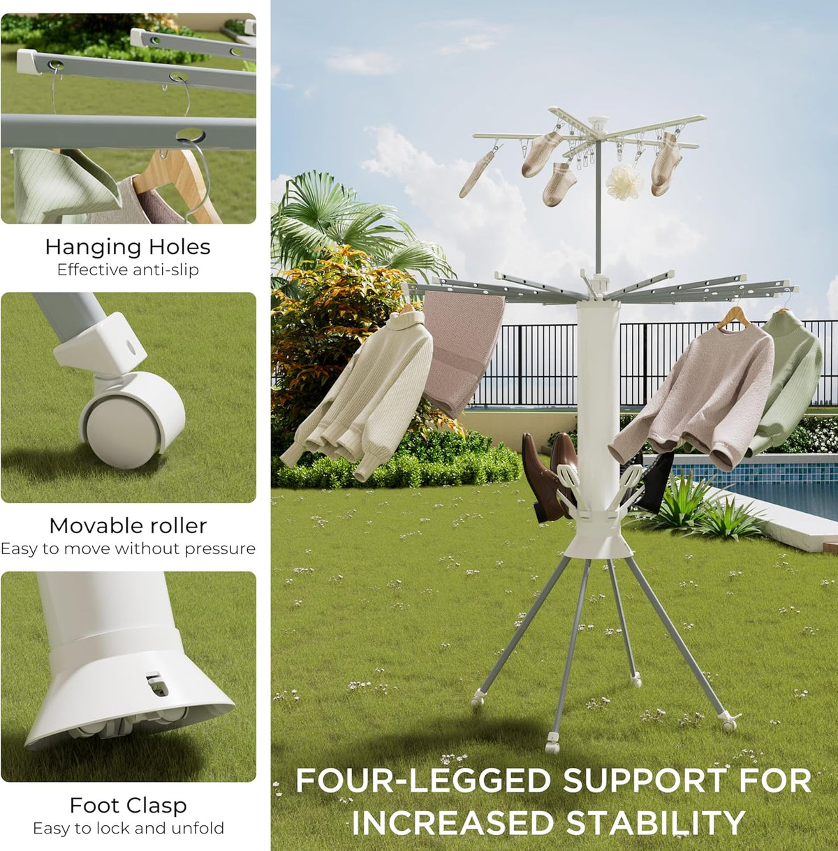 Clothes Drying Rack, 4-Legged Portable Drying Rack Clothing with 20 Clips, Shoe Dryer Rack, Outdoor Foldable Laundry Drying Racks with 4 Pulleys, Aluminum Hanging Dry Rack