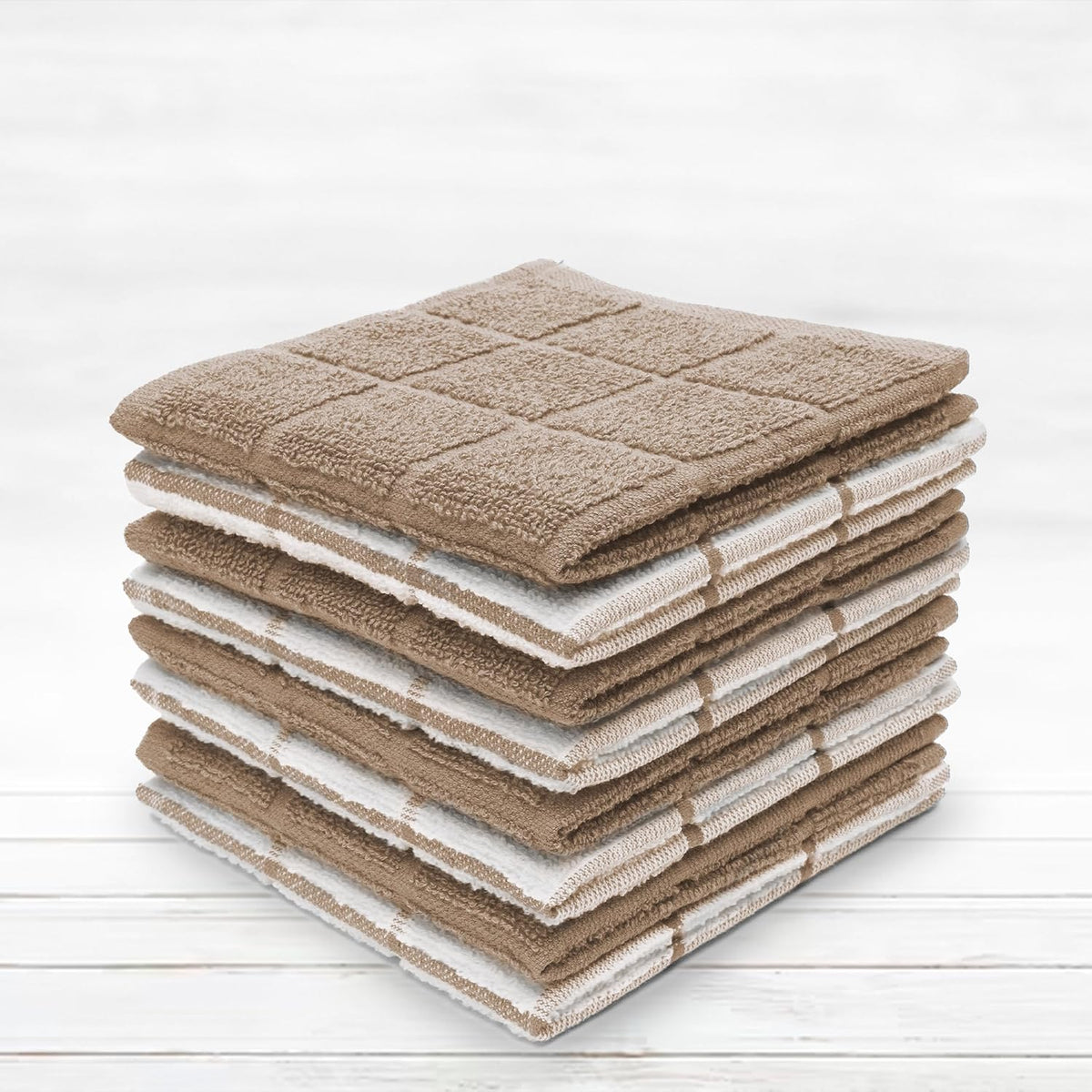 100% Cotton Terry Dish Cloth & Dish Towel, 6 Pack, Super Soft and Absorbent Kitchen Towels, Perfect for Kitchen Cleaning and Dish Washing (TAN (Solid and Checks) 8 Pack)