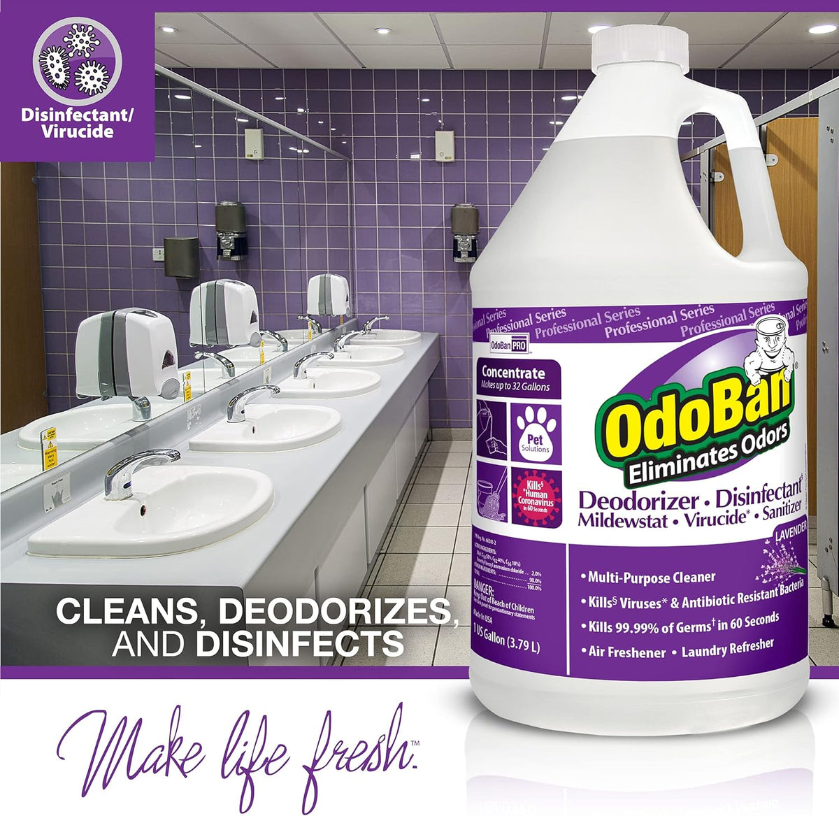 OdoBan Professional Disinfectant and Odor Eliminator Concentrate, Made in the USA, Lavender Scent, 4-Pack, 1 Gallon Each