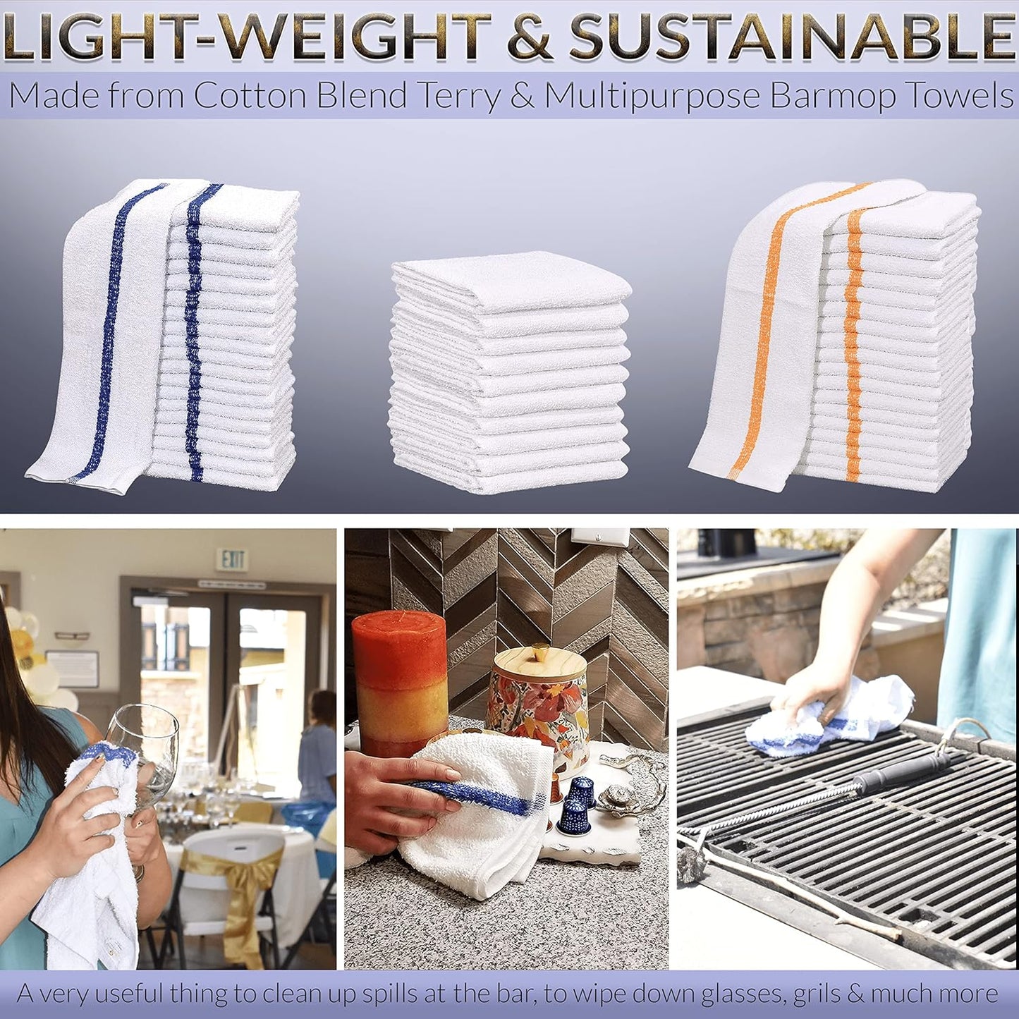 GOLD TEXTILES 120 PC New Cotton Blend White Restaurant Bar Mops Kitchen Towels 28oz (10 Dozen) (120, Blue Stripe)