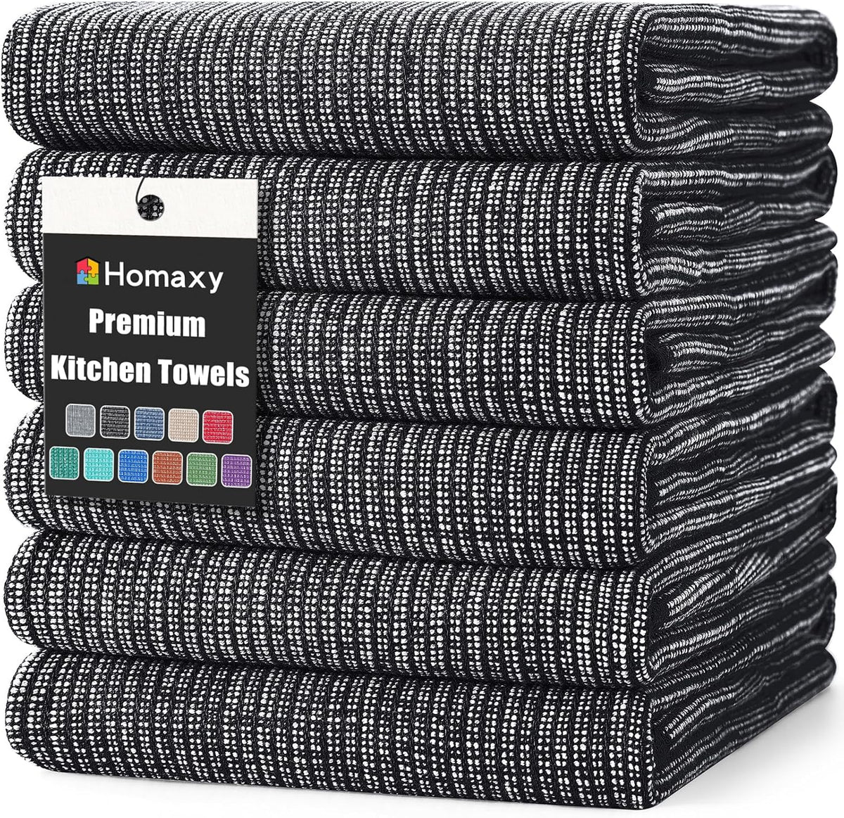 Homaxy Premium Kitchen Towels(18”x 28”, 6 Pack), Large Cotton Kitchen Hand Towels, Flat and Terry Dish Towels, 380 GSM Highly Absorbent Tea Towel Set with Hanging Loop, Black