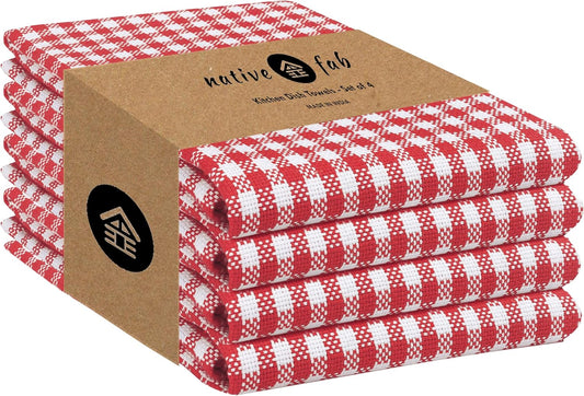Native Fab Gingham Cotton Kitchen Towel 4 Pack 16"x26" - Absorbent Tea Linen Towels, Dish Cloths, Restaurant Cleaning Towel, Dish Towels with Hanging Loop, Red White