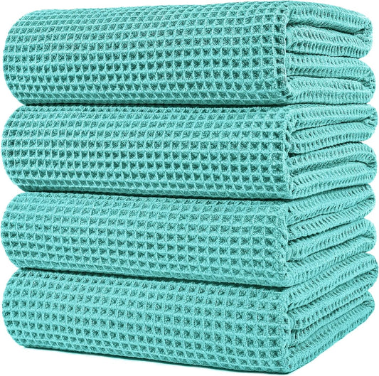 POLYTE Microfiber Oversize Quick Dry Lint Free Bath Towel, 60 x 30 in, 4 Pack (Waffle Weave)