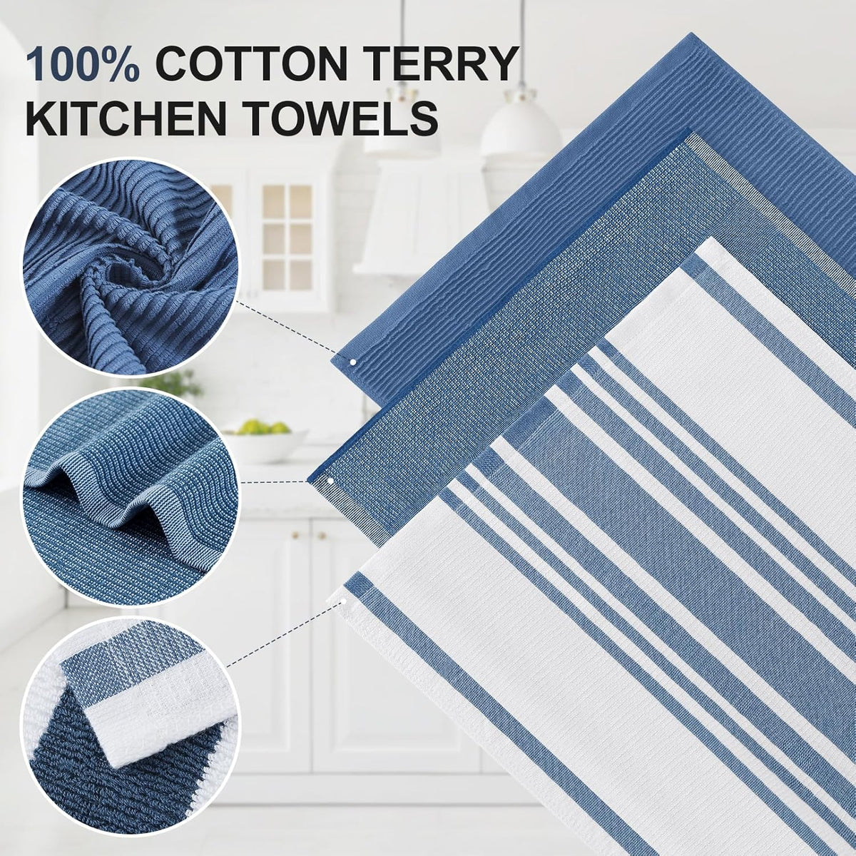 Homaxy Premium Kitchen Towels(18”x 28”, 6 Pack), Large Cotton 380 GSM Kitchen Hand Towels, Soft and Absorbent Terry Dish Towels, Multipurpose Tea Towel Set with Hanging Loop, Navy Blue