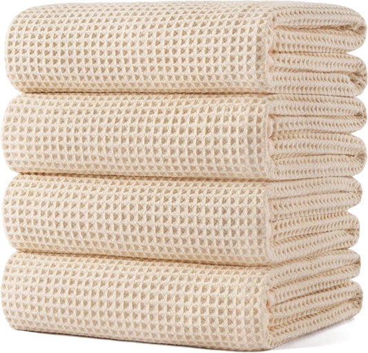 POLYTE Microfiber Oversize Quick Dry Lint Free Bath Towel, 60 x 30 in, 4 Pack (Waffle Weave)