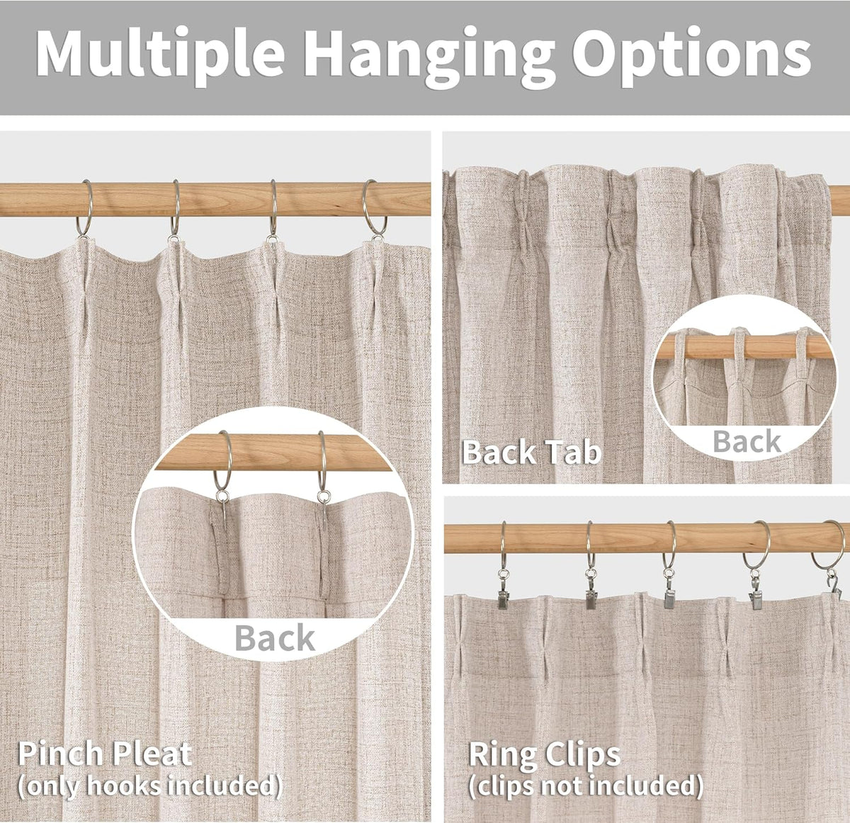 YoungsTex Pinch Pleated Linen Curtains 102 Inch Length 2 Panels Light Filtering Textured Window Drapes for Living Room Bedroom Sliding Door Back Tab, 40 X 102 Inch
