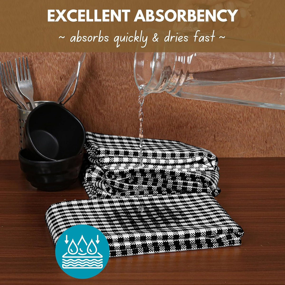 Native Fab Black Gingham Dish Towels 16"x26" Set of 12 - Cotton Mini Check Plaid Towels, Soft Absorbent Dishcloths with Hanging Loop, Kitchen Towel for Quick Drying - Black White