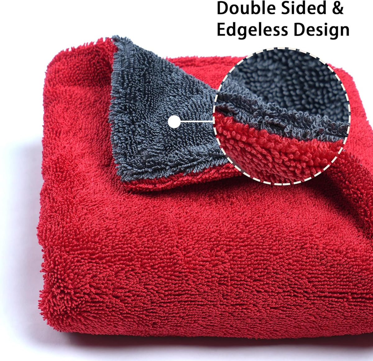 Greenfound Microfiber Towel for Cars, 1000GSM Car Drying Towel, Double Twist Pile & Edgeless Design, No Streaks, Scratches, or Water Spots, Soft and Absorbent, 18"×24", Red&Grey