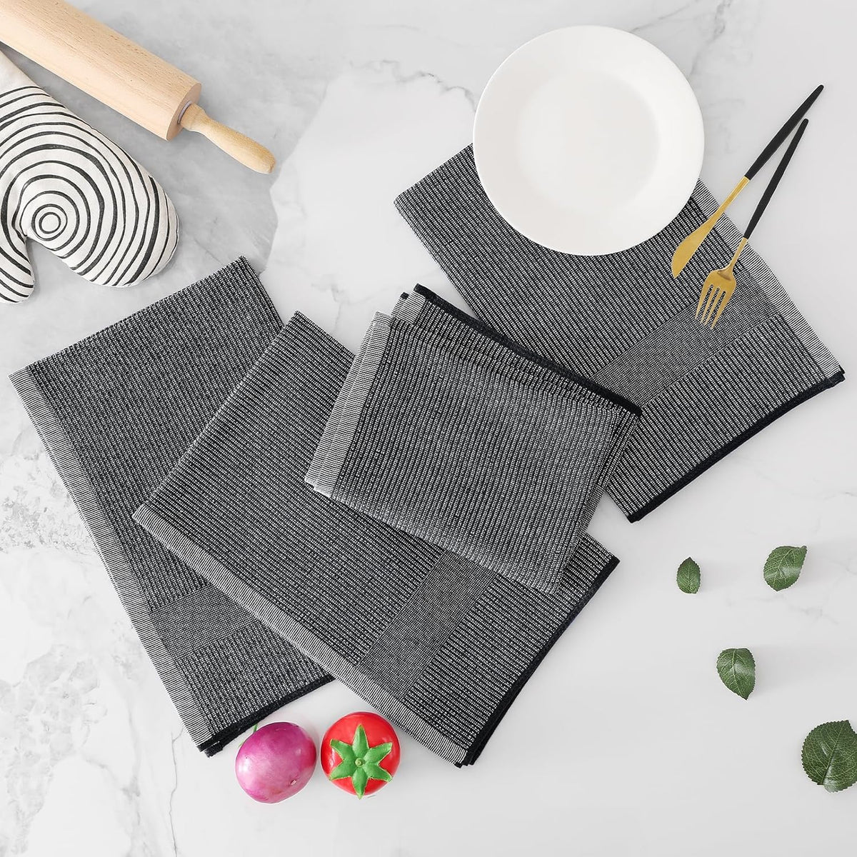 Homaxy Premium Kitchen Towels(18”x 28”, 8 Pack), Large Cotton Kitchen Hand Towels, Flat and Terry Dish Towels, 380 GSM Highly Absorbent Tea Towel Set with Hanging Loop, Black
